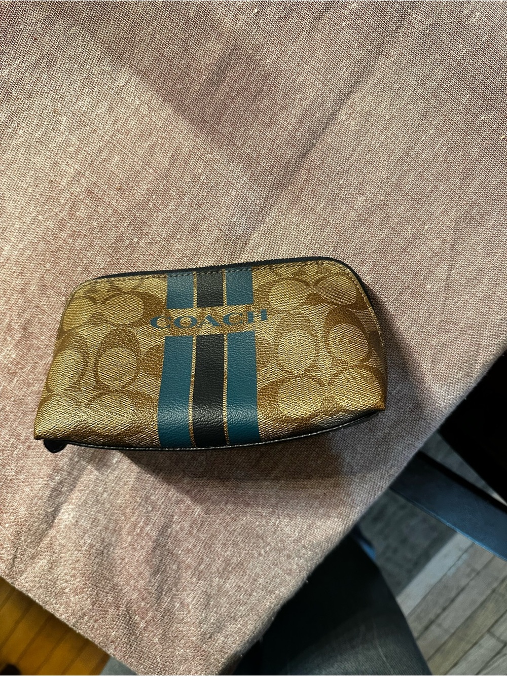 Coach Brown Signature Cosmetic Pouch with Teal Stripes